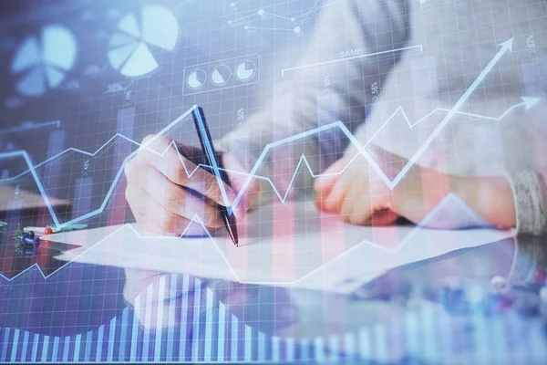 Hands Not defteri hisse senedi piyasası hakkında bilgi yazma. Ön Forex grafik hologramlar. Araştırma kavramı. Çoklu pozlama