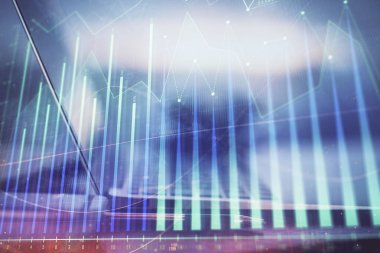 Bilgisayar geçmişi olan eski grafik hologramı. Çoklu maruz kalma. Finans piyasası kavramı.