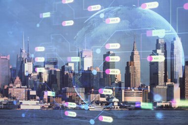 Veri temalı hologram gökdelenlerin arka planında çift pozlama ile şehir görünümüne çizim yapıyor. Teknoloji konsepti.