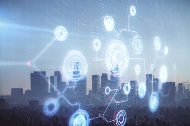 Veri temalı hologram gökdelenler arka planda çoklu pozlama ile şehir görünümüne çizim yapıyor. Büyük veri kavramı.