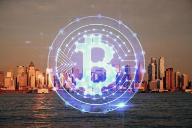 Kripto para birimi temalı hologram çizimi ve şehrin veiw arka planına çift pozlama. Engelleme zinciri ve bitcoin kavramı.