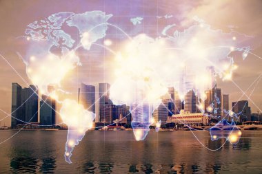 İş temalı hologram çizimine ve şehrin arka planına çifte maruz kalma. Başarı kavramı.