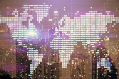 İş temalı hologram çizimine ve şehrin arka planına çifte maruz kalma. Başarı kavramı.