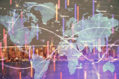 İş temalı hologram çizimine ve şehrin arka planına çifte maruz kalma. Başarı kavramı.