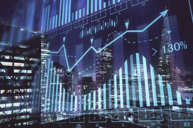 Yüksek binalar arka plan çok pozlama ile gece şehir scape mali grafik. Analiz kavramı.