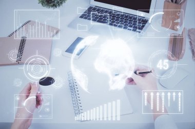 Hands Not defteri hisse senedi piyasası hakkında bilgi yazma. Ön Forex grafik hologramlar. Araştırma kavramı. Çoklu pozlama