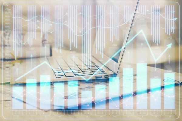 Pénzügyi chart rajz és táblázat számítógép a háttérben. Többszörös expozíció. A nemzetközi piacok fogalma. — Stock Fotó