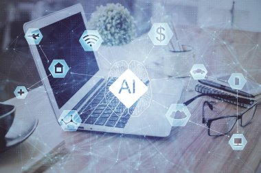 Arkaplanda bilgisayar ve veri teması çizimi olan tablonun çifte pozlandırılması. Yenilik kavramı.