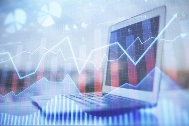 Eski pazar grafiği hologramı ve kişisel bilgisayar geçmişi. Çoklu maruz kalma. Yatırım kavramı.