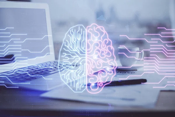 Dvojitá expozice stolního počítače a hologramu kresby mozku. Koncept umělé inteligence. — Stock fotografie