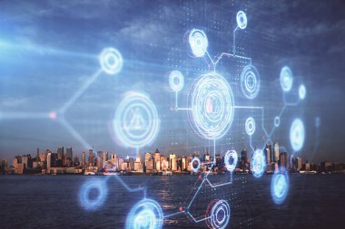 Veri temalı hologram gökdelenler arka planda çoklu pozlama ile şehir görünümüne çizim yapıyor. Büyük veri kavramı.