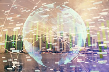 İş temalı hologram çizimine ve şehrin arka planına çifte maruz kalma. Başarı kavramı.