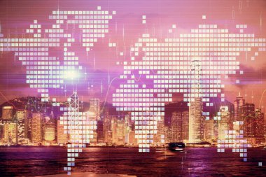 İş temalı hologram çizimine ve şehrin arka planına çifte maruz kalma. Başarı kavramı.