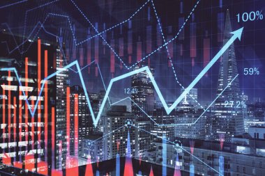 Yüksek binalar arka plan çok pozlama ile gece şehir scape mali grafik. Analiz kavramı.