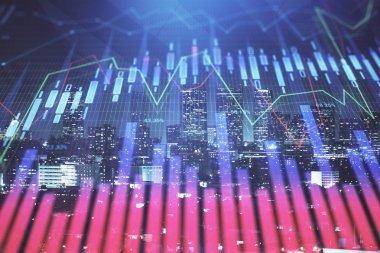 Yüksek binalar arka plan çok pozlama ile gece şehir scape mali grafik. Analiz kavramı.