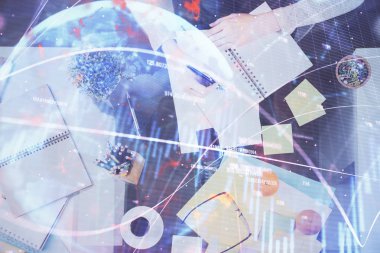 Not defteri 'nde el notu almak. Ön Forex grafik hologramlar. Araştırma kavramı. Çift Pozlama