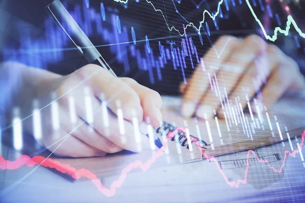 Forex Graph bij de hand nemen van notities achtergrond. Concept van onderzoek. Dubbele belichting — Stockfoto