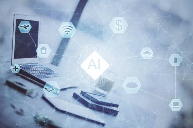 Arkaplanda bilgisayar ve veri teması çizimi olan tablonun çifte pozlandırılması. Yenilik kavramı.