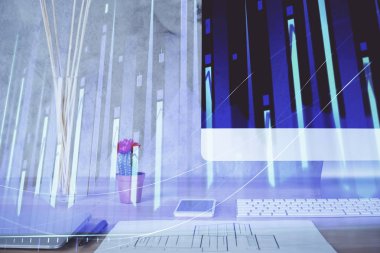 Bilgisayar geçmişi olan eski grafik hologramı. Çifte maruziyet. Finans piyasası kavramı.