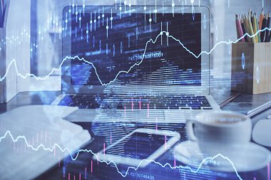 Eski pazar grafiği hologramı ve kişisel bilgisayar geçmişi. Çoklu maruz kalma. Yatırım kavramı.