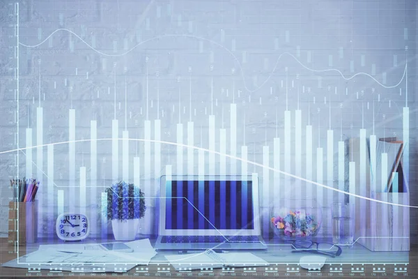 Графік фінансового ринку голограма та персональний комп'ютер на фоні. Подвійна експозиція. Концепція форекс . — стокове фото