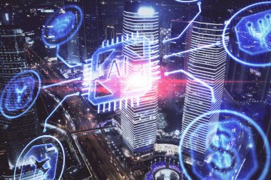 Veri temalı hologram gökdelenler arka planda çoklu pozlama ile şehir görünümüne çizim yapıyor. Ai kavramı.