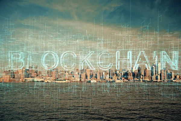 Dubbel exponering av krypto valuta tema hologram ritning och stad slöja bakgrund. Begreppet blockchain och bitcoin. — Stockfoto