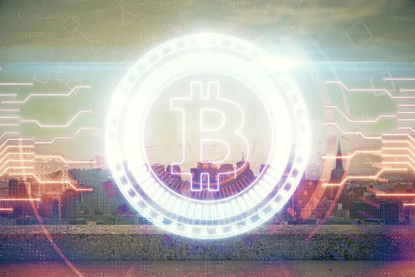 Doppelbelichtung der Kryptowährung Thema Hologrammzeichnung und Stadt veiw Hintergrund. Konzept von Blockchain und Bitcoin. — Stockfoto