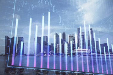 Yüksek binaların arka planında çoklu pozlama olan eski şehir haritası. Finansal araştırma kavramı.