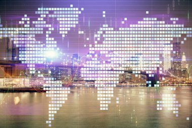 İş temalı hologram çizimine ve şehrin arka planına çifte maruz kalma. Başarı kavramı.