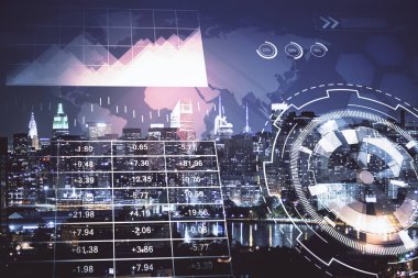 Cityscape arka plan üzerinde forex grafik çizimleri çift pozlama. Başarı kavramı.