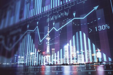 Yüksek binalar arka plan çok pozlama ile gece şehir scape mali grafik. Analiz kavramı.