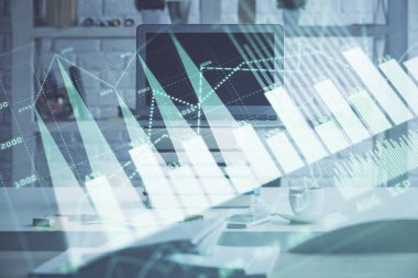 Bilgisayar geçmişi olan eski grafik hologramı. Çifte maruziyet. Finans piyasası kavramı.