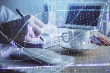 Finansal grafik el notları arka plan alarak üzerinde çizilmiş. Araştırma kavramı. Çift Pozlama