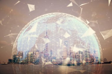 İş temalı hologram çizimine ve şehrin arka planına çifte maruz kalma. Başarı kavramı.