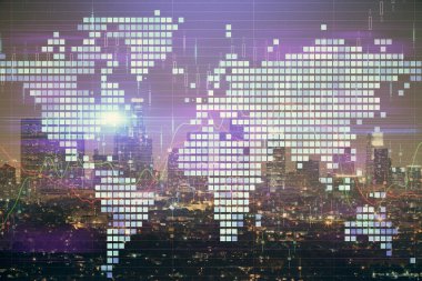 İş temalı hologram çizimine ve şehrin arka planına çifte maruz kalma. Başarı kavramı.