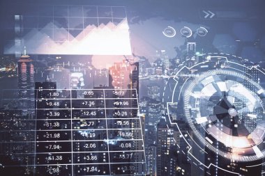 Cityscape arka plan üzerinde forex grafik çizimleri çift pozlama. Başarı kavramı.
