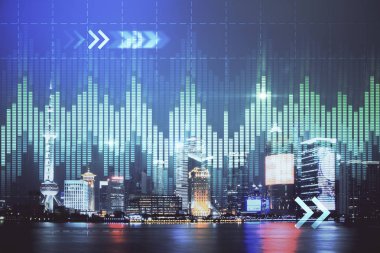 Yüksek binalar arka plan çift pozlama ile gece şehir scape mali grafik. Analiz kavramı.