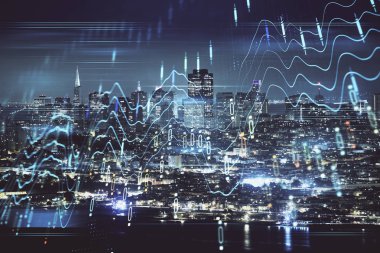 Yüksek binalar arka plan çift pozlama ile gece şehir scape mali grafik. Analiz kavramı.