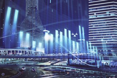 Yüksek binalar arka plan çok pozlama ile şehir scape mali grafik. Analiz kavramı.