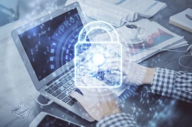 Arka planda bilgisayarla çalışan bir adamla iki kez ön x çizelgesine maruz kaldık. Pazar analizi kavramı.