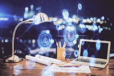 Arka planda bilgisayar ve veri temalı hologram tablosu çift pozlama. Veri teknolojisi kavramı.