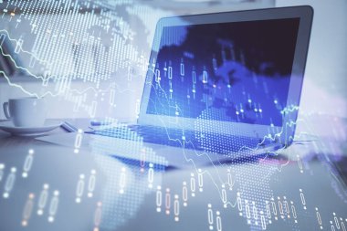 Bilgisayar geçmişi olan eski grafik hologramı. Çifte maruziyet. Finans piyasası kavramı.