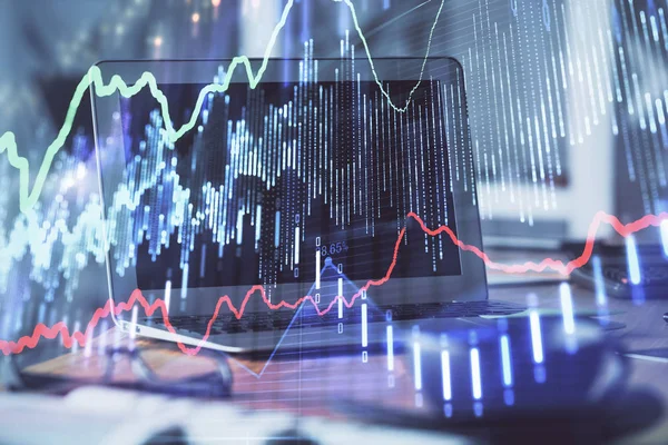Aktiemarknad diagram och tabell med datorbakgrund. Dubbel exponering. Begreppet finansiell analys. — Stockfoto