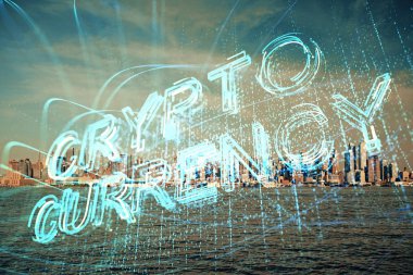 Kripto para birimi temalı hologram çizimi ve şehrin veiw arka planına çift pozlama. Engelleme zinciri ve bitcoin kavramı.