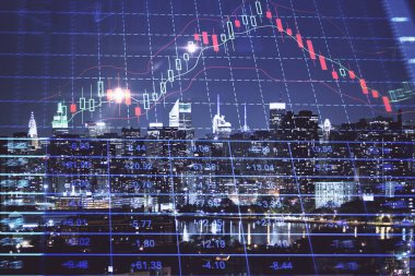 Cityscape arka plan üzerinde forex grafik çizimleri çift pozlama. Başarı kavramı.