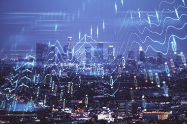 Yüksek binalar arka plan çift pozlama ile gece şehir scape mali grafik. Analiz kavramı.