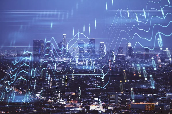 Yüksek binalar arka plan çift pozlama ile gece şehir scape mali grafik. Analiz kavramı.