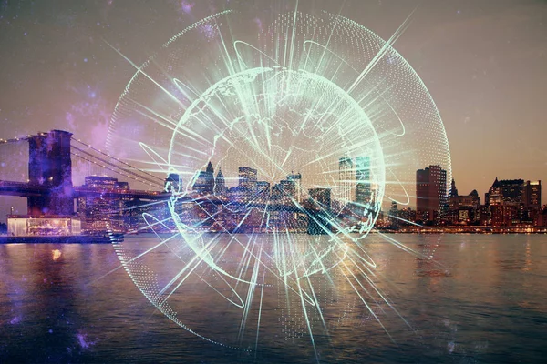 사업 테마의 홀로그램 그림과 도시 배경에 두 번 노출. 성공에 대한 개념. — 스톡 사진