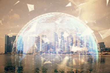 İş temalı hologram çizimine ve şehrin arka planına çifte maruz kalma. Başarı kavramı.